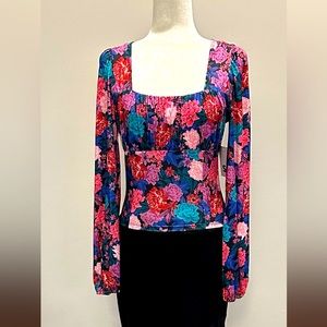 SO Mesh Balloon Sleeve Blouse Women/Junior Cropped Sweetheart-Neck Smocked Top